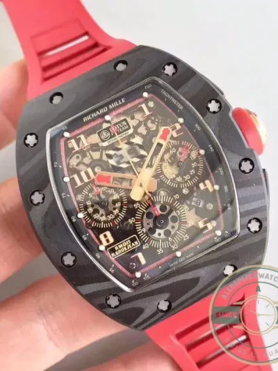 Replica Richard Mille 011 Forged Carbon Eta7750 Red Rubber Strap - Budget Luxury Replica Watch