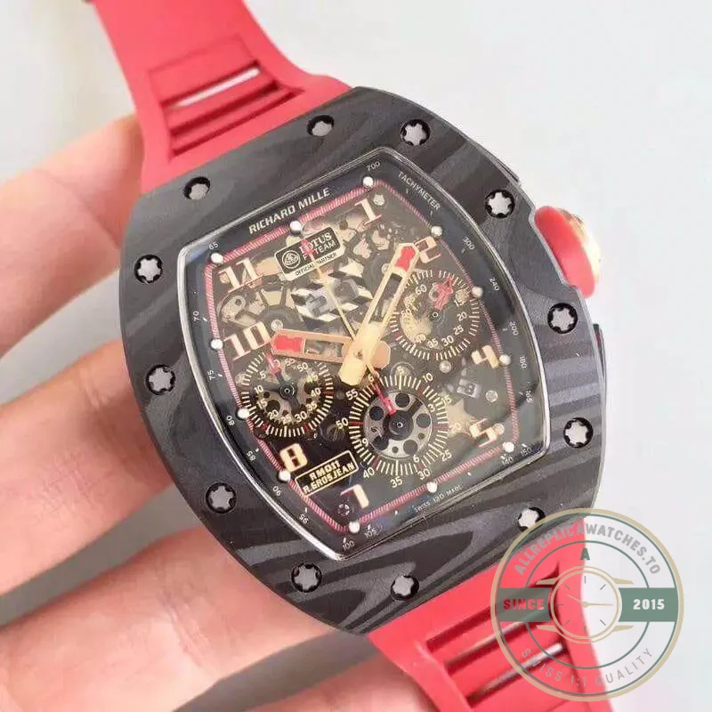 Replica Richard Mille 011 Forged Carbon Eta7750 Red Rubber Strap - Budget Luxury Replica Watch