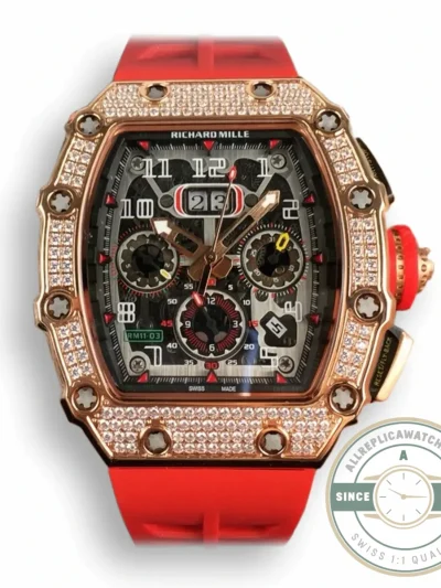 Replica Richard Mille 011 Rose Gold Automatic Movement Red Strap - Swiss Movement Replica Watch