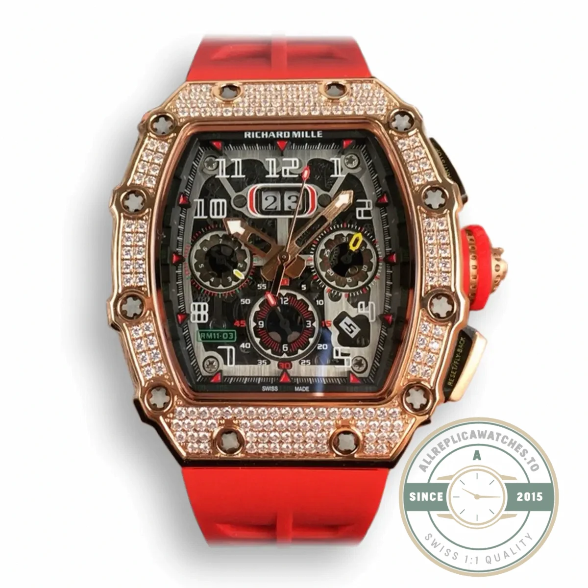 Replica Richard Mille 011 Rose Gold Automatic Movement Red Strap - Swiss Movement Replica Watch