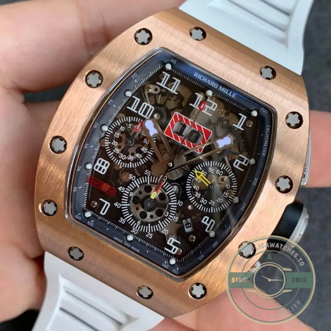 Replica Richard Mille 011 Rose Gold White Strap - Factory Super Clone Watch