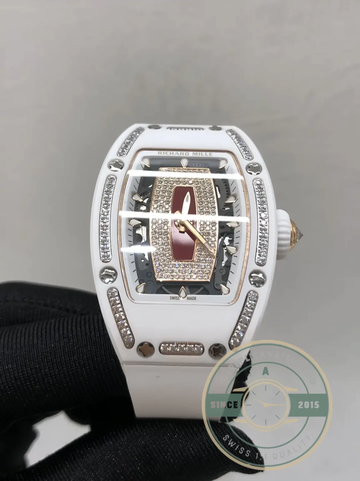 Replica Richard Mille 07-01 White Ceramic & Rose Gold With Diamonds - Swiss Movement Replica Watch