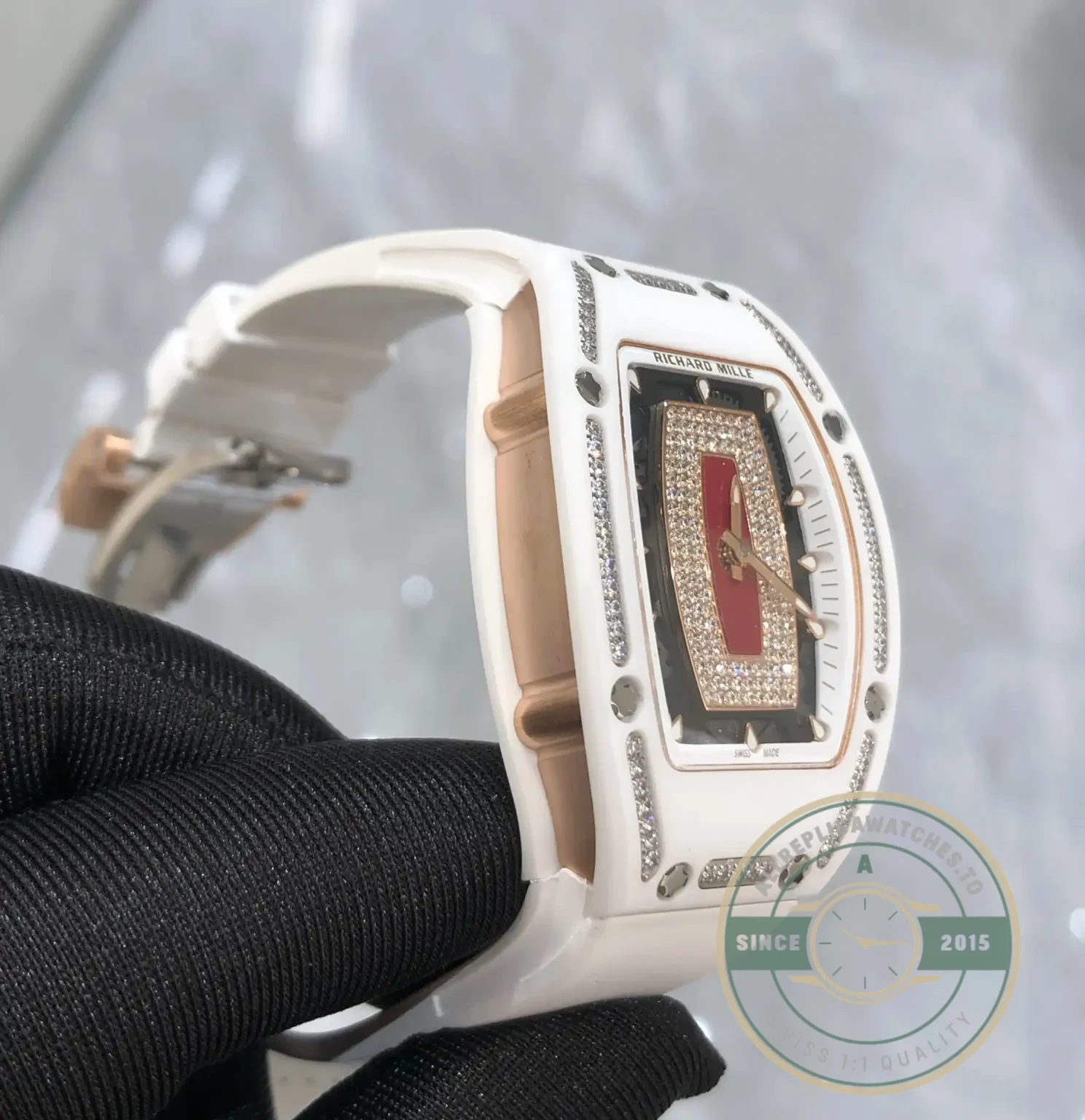 Replica Richard Mille 07-01 White Ceramic & Rose Gold With Diamonds - Swiss-Made Clone Watch
