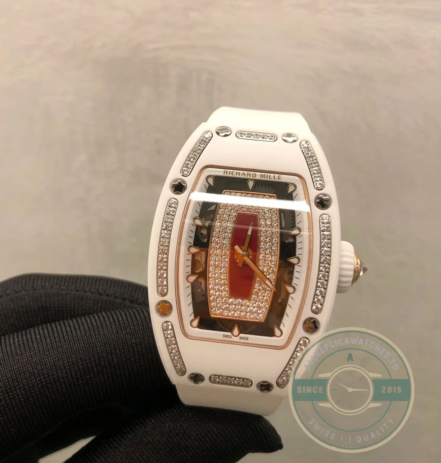 Replica Richard Mille 07-01 White Ceramic & Rose Gold With Diamonds - Premium Super Clone Watch