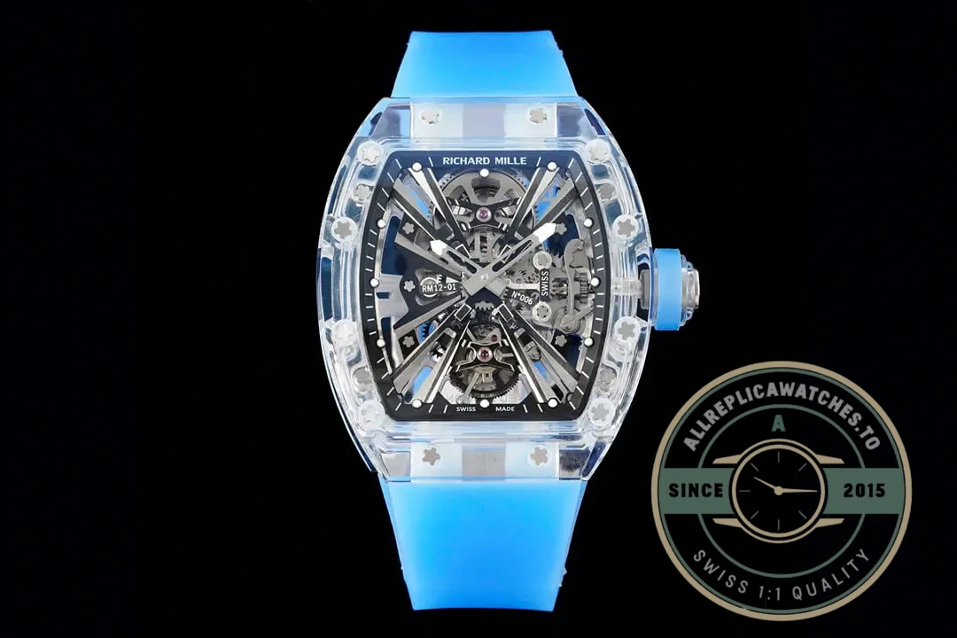 Replica Richard Mille12-01 Tourbillon Transparent Blue Strap - Affordable Super Clone Watch