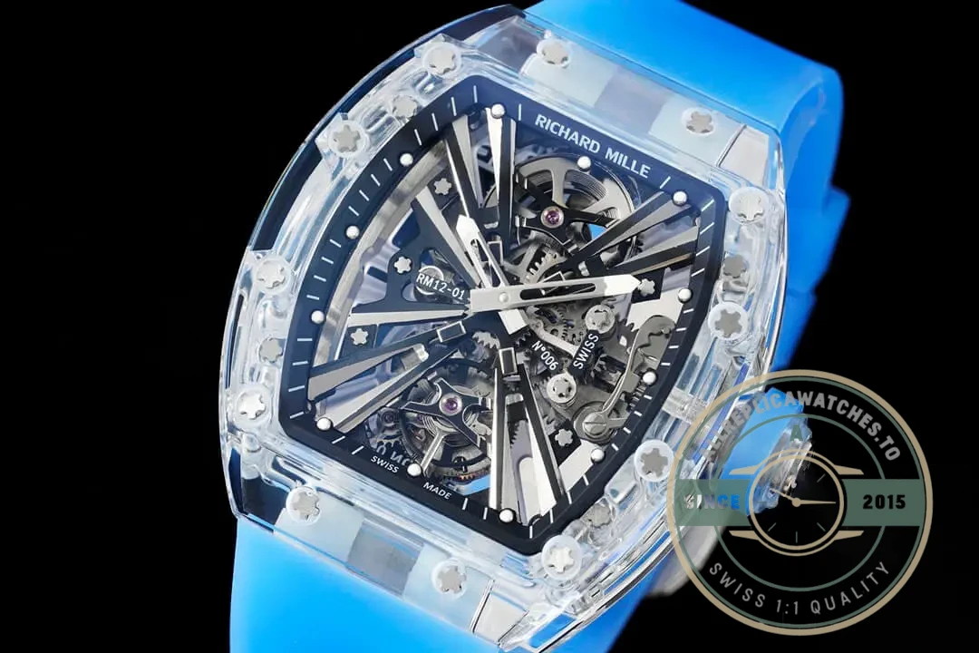 Replica Richard Mille12-01 Tourbillon Transparent Blue Strap - Swiss Movement Replica Watch