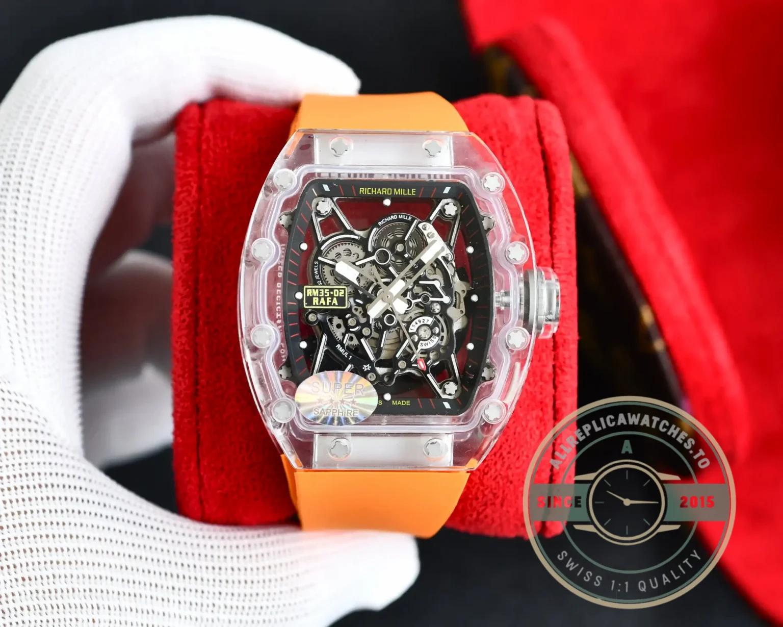 Replica Richard Mille35-02 Transparent Case Orange Strap - 1:1 Swiss Replica Watch