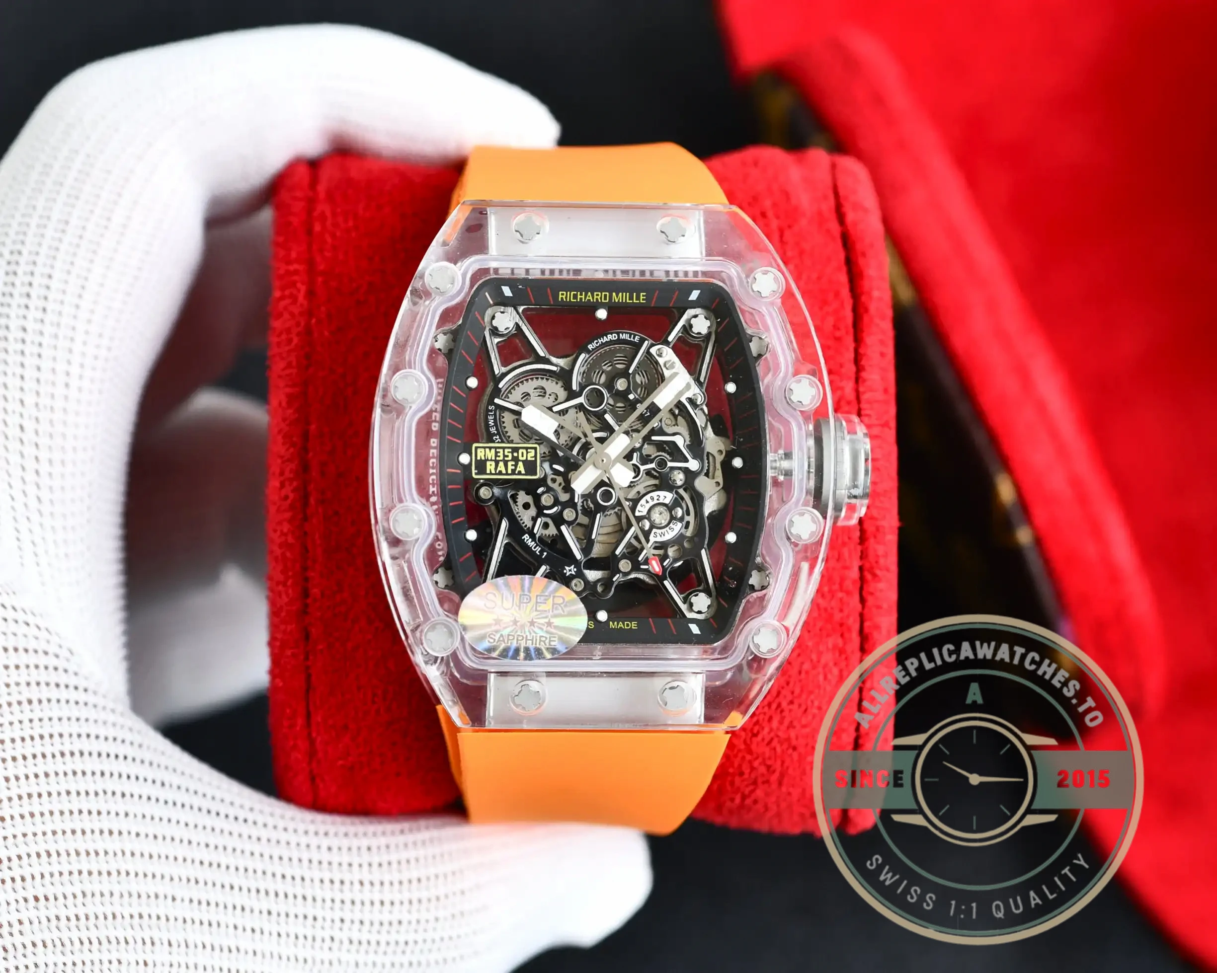 Replica Richard Mille35-02 Transparent Case Orange Strap - 1:1 Swiss Replica Watch