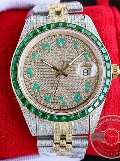 Replica Rolex Datejust 126300 41mm Arabic Dial Full-Diamond Yellow Gold - Budget Luxury Replica Watch