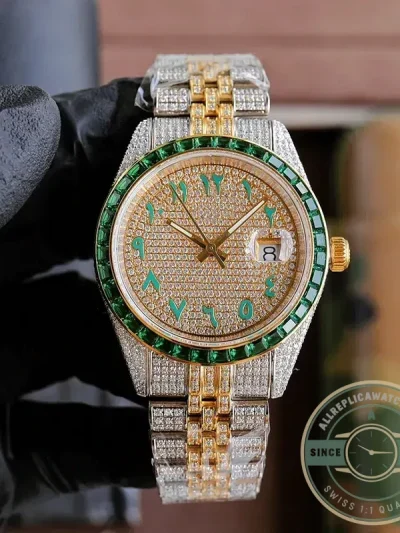 Replica Rolex Datejust 126300 41mm Arabic Dial Full-Diamond Yellow Gold - Best Quality Replica Watch