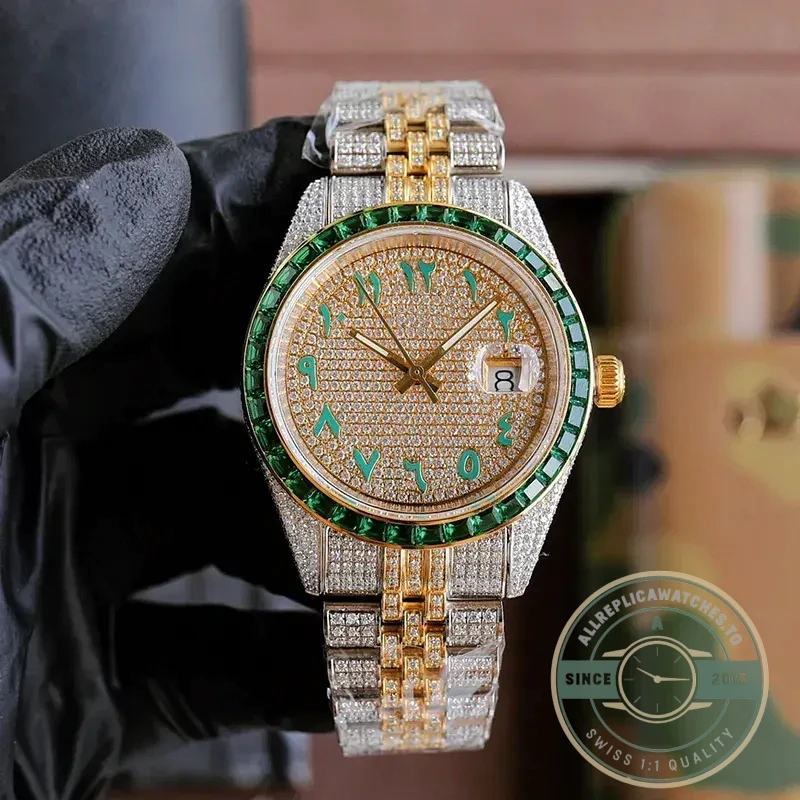 Replica Rolex Datejust 126300 41mm Arabic Dial Full-Diamond Yellow Gold - Best Quality Replica Watch
