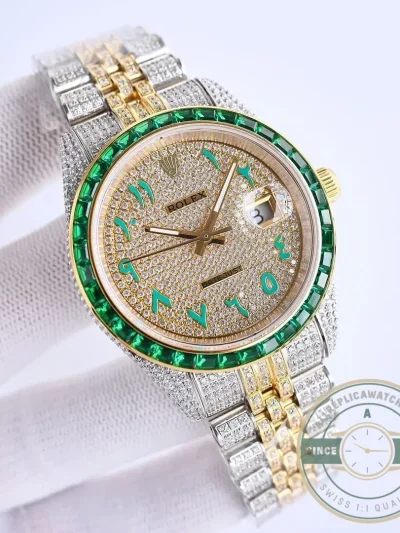 Replica Rolex Datejust 126300 41mm Arabic Dial Full-Diamond Yellow Gold - Swiss-Made Clone Watch