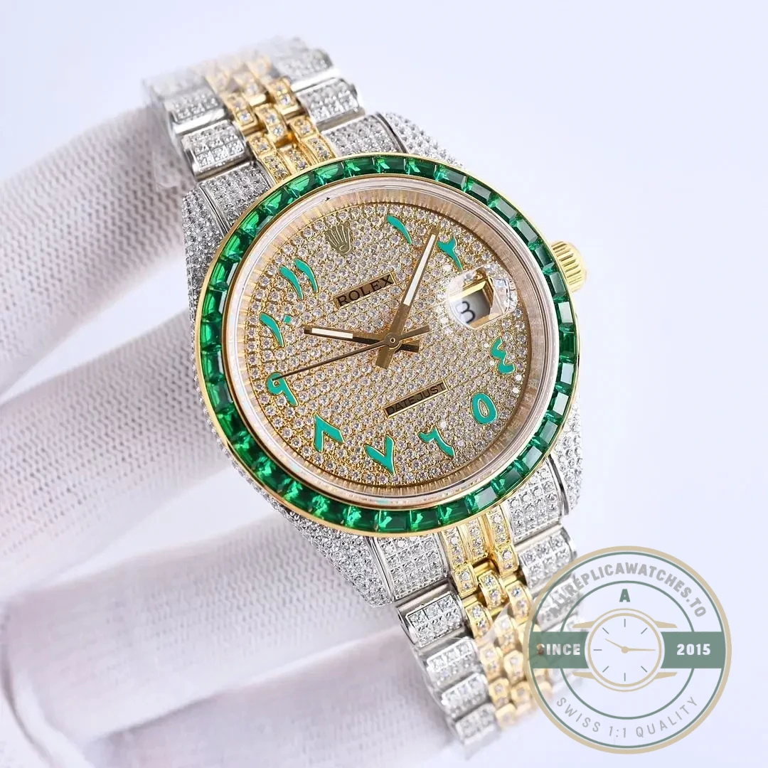 Replica Rolex Datejust 126300 41mm Arabic Dial Full-Diamond Yellow Gold - Swiss-Made Clone Watch