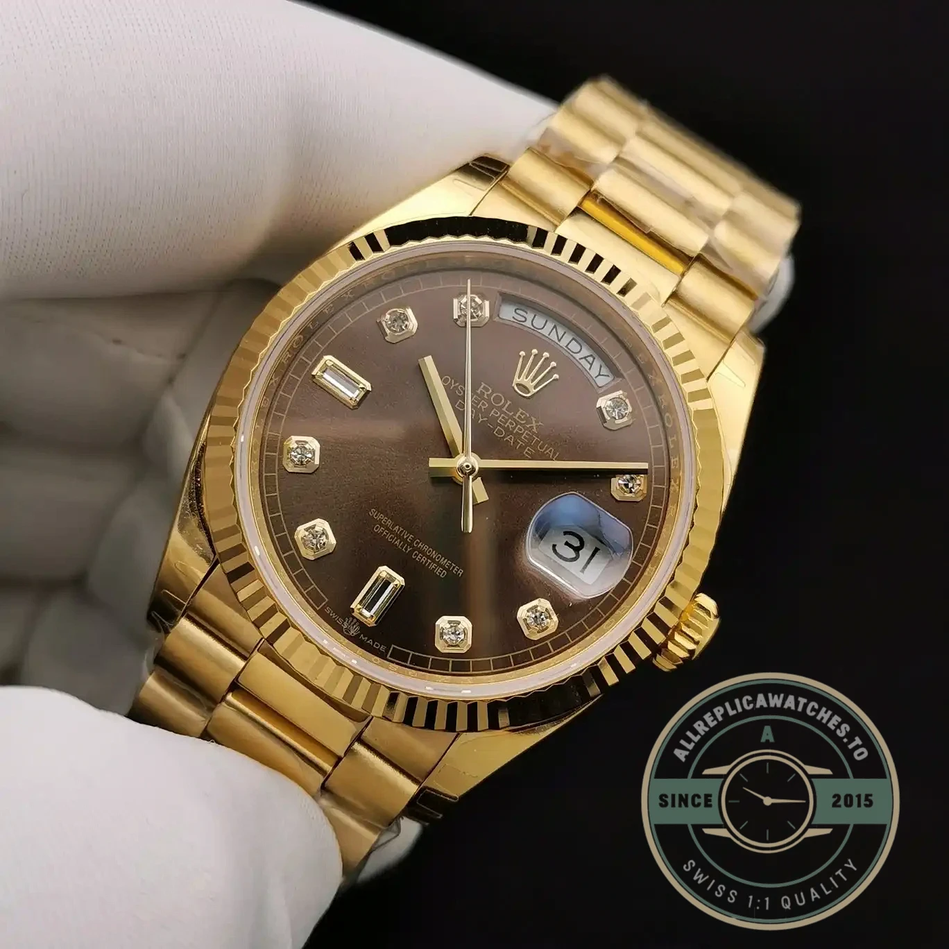 Replica Rolex Day-Date 128238 36mm Chocolate Dial Yellow Gold - Luxury Replica Watch