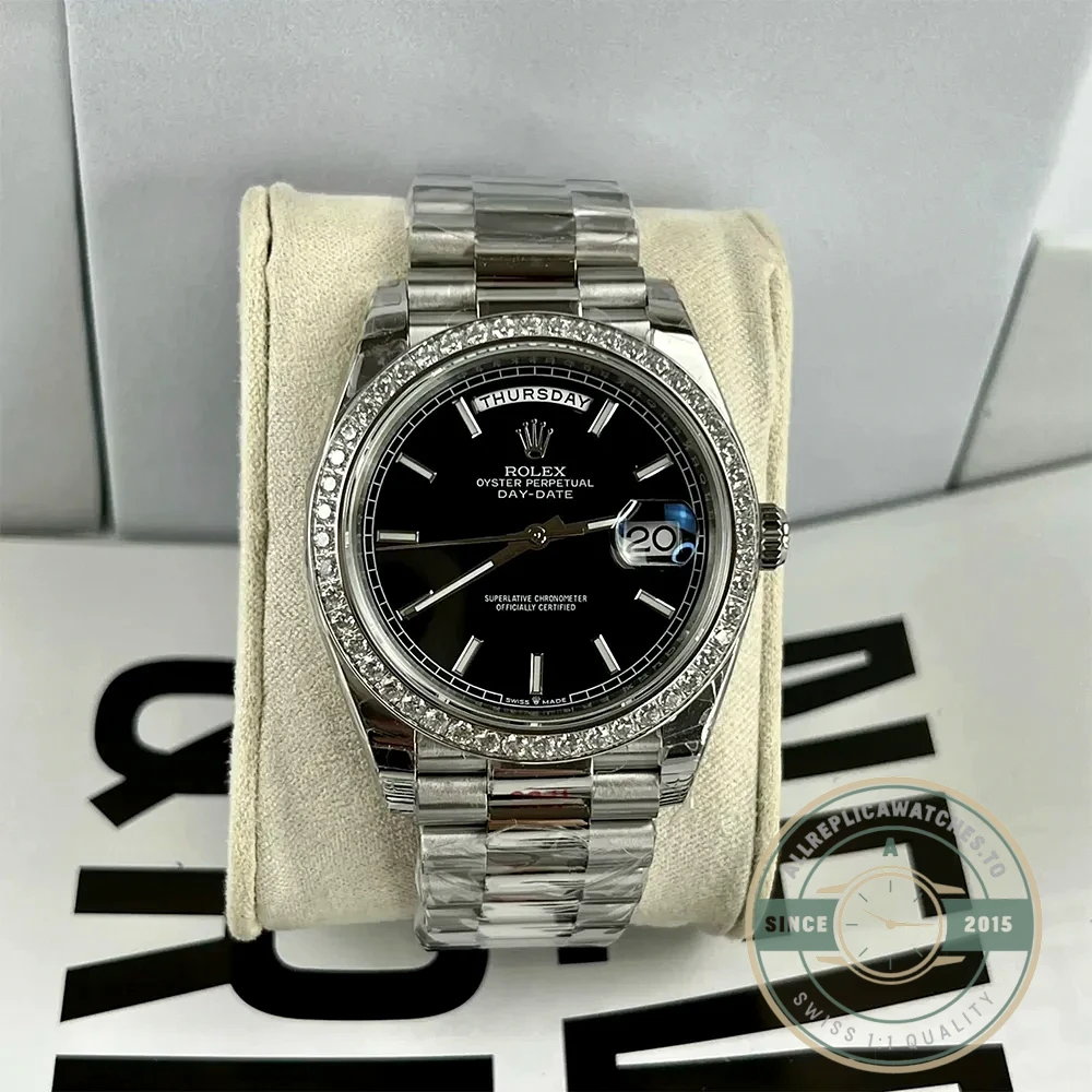 Replica Rolex Day-Date m228238 Black Dial Stainless Steel - Swiss Movement Replica Watch