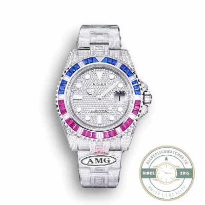 Replica Rolex Submariner Iced Out 116610LN 40mm Blue-Pink Bezel - Factory Super Clone Watch