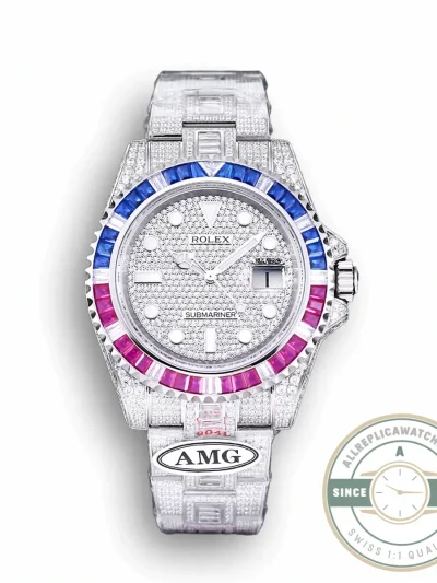 Replica Rolex Submariner Iced Out 116610LN 40mm Blue-Pink Bezel - Factory Super Clone Watch