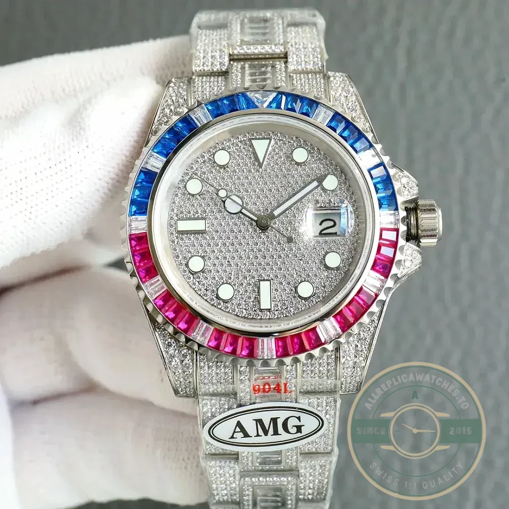 Replica Rolex Submariner Iced Out 116610LN 40mm Blue-Pink Bezel - Budget Luxury Replica Watch