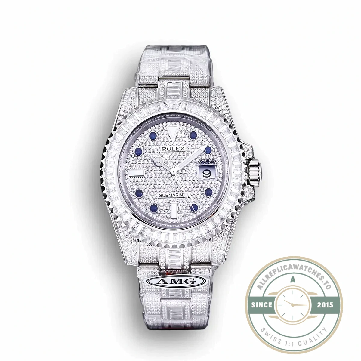 Replica Rolex Submariner Iced Out 116610LN 40mm Diamond Blue Markers - Swiss Movement Replica Watch