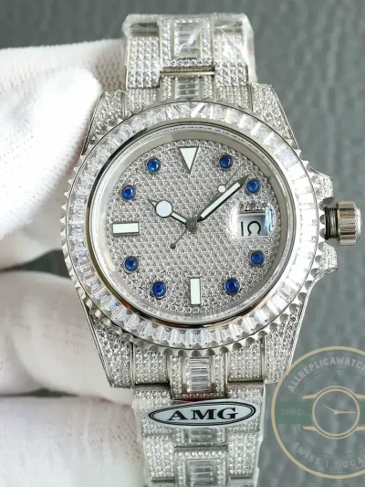 Replica Rolex Submariner Iced Out 116610LN 40mm Diamond Blue Markers - 1:1 Swiss Replica Watch