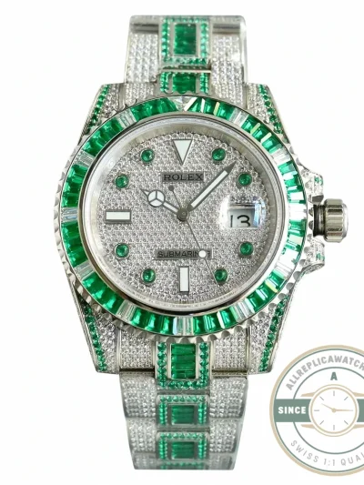 Replica Rolex Submariner Iced Out 116610LN Green-White Bezel - Factory Super Clone Watch