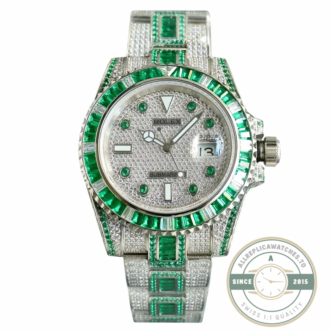 Replica Rolex Submariner Iced Out 116610LN Green-White Bezel - Factory Super Clone Watch