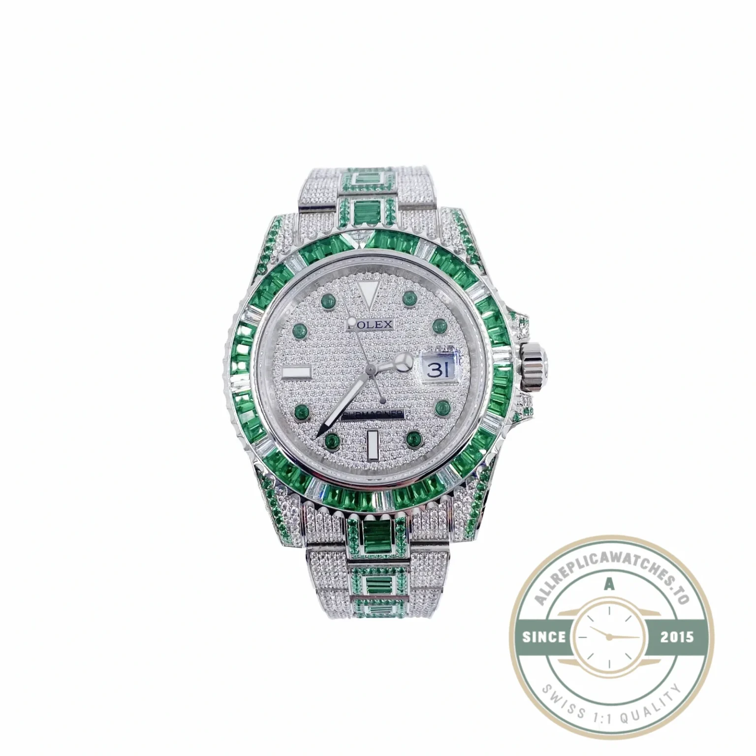 Replica Rolex Submariner Iced Out 116610LN Green-White Bezel - Swiss-Made Clone Watch