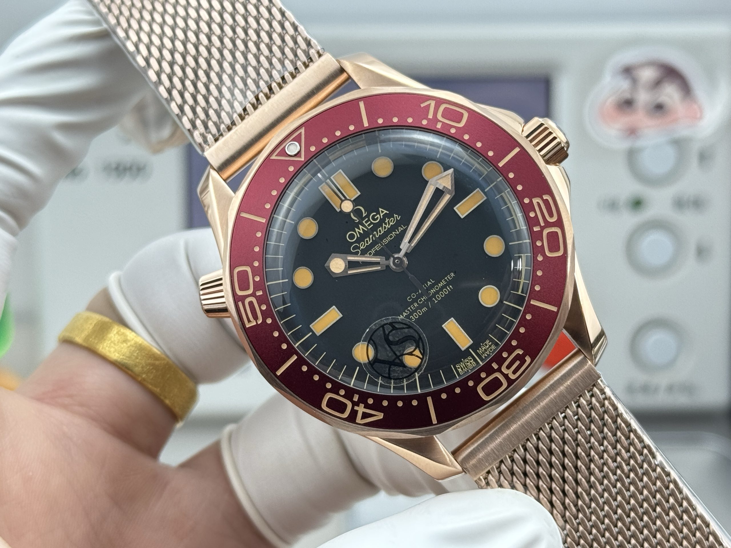 Flat grey titanium tone holding steady under changing light on this Omega Seamaster clone