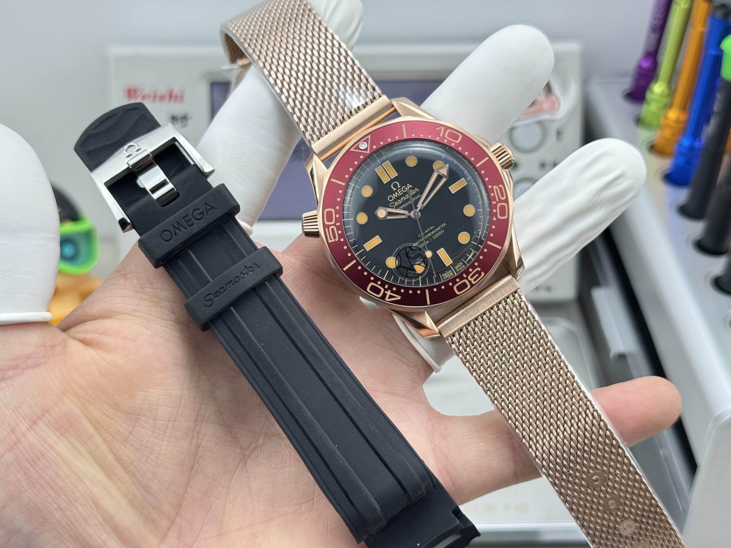 The lightest, most utilitarian Diver 300M configuration, rendered as a titanium Omega replica