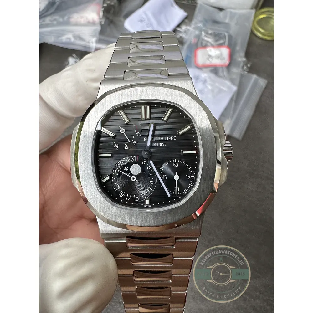 Replica Patek Philippe Nautilus Moon phases 40 mm, Stainless steel 5712/1A-001, Black Dial
