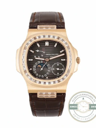 Superclone Nautilus 5712R-001 Patek Philippe Moon phases. 40 mm, Rose gold, Diamond Bezel, Black Dial - High-Grade Replica Watch