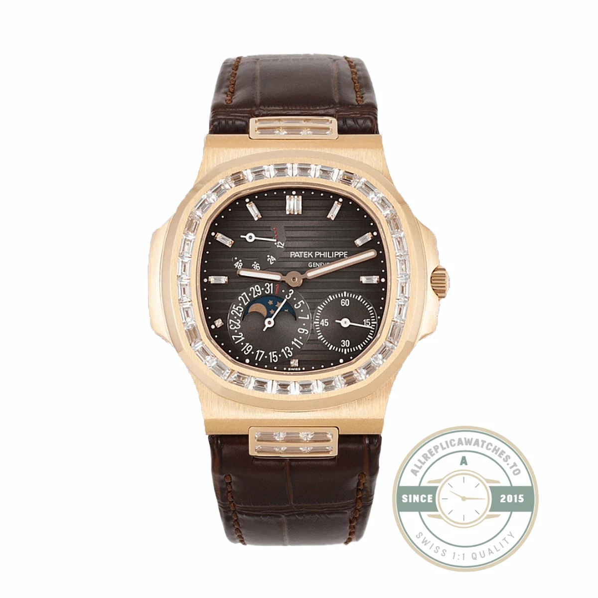 Superclone Nautilus 5712R-001 Patek Philippe Moon phases. 40 mm, Rose gold, Diamond Bezel, Black Dial - High-Grade Replica Watch