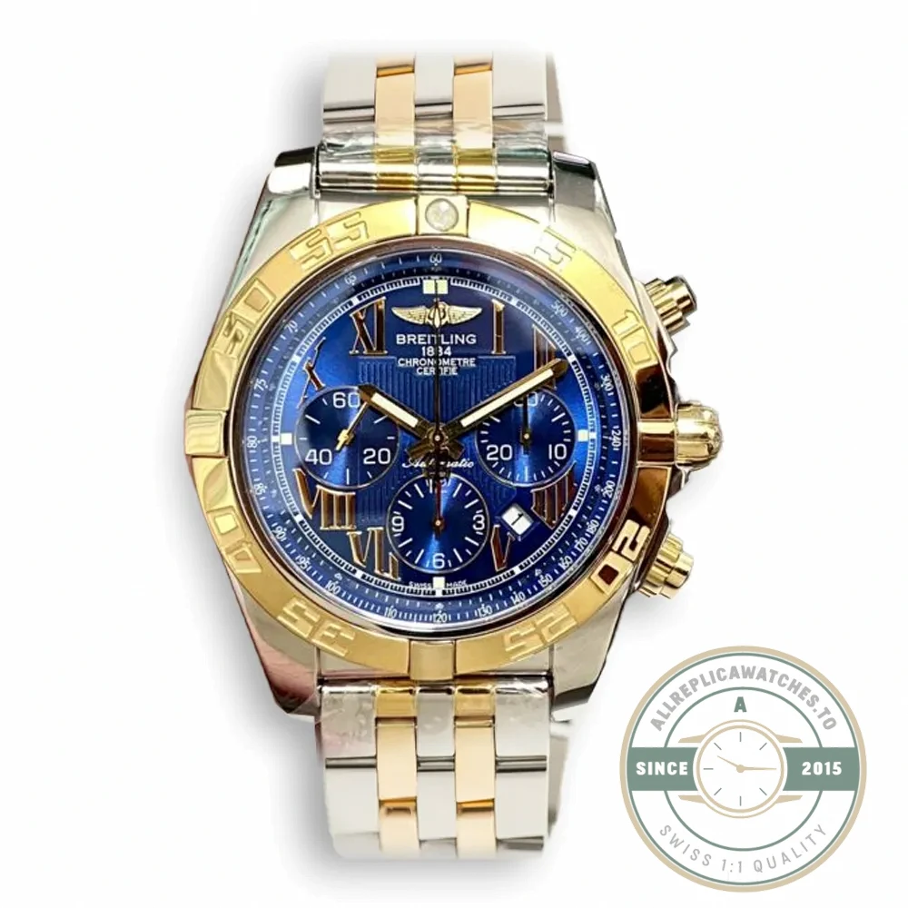 Replica Breitling Mechanical Chronograph Series Stainless Steel and Rose Gold Case-Metallic Blue Dial-Gold Pilot Bracelet 44mm - Luxury Replica Watch