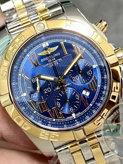 Replica Breitling Mechanical Chronograph Series Stainless Steel and Rose Gold Case-Metallic Blue Dial-Gold Pilot Bracelet 44mm - Budget Luxury Replica Watch