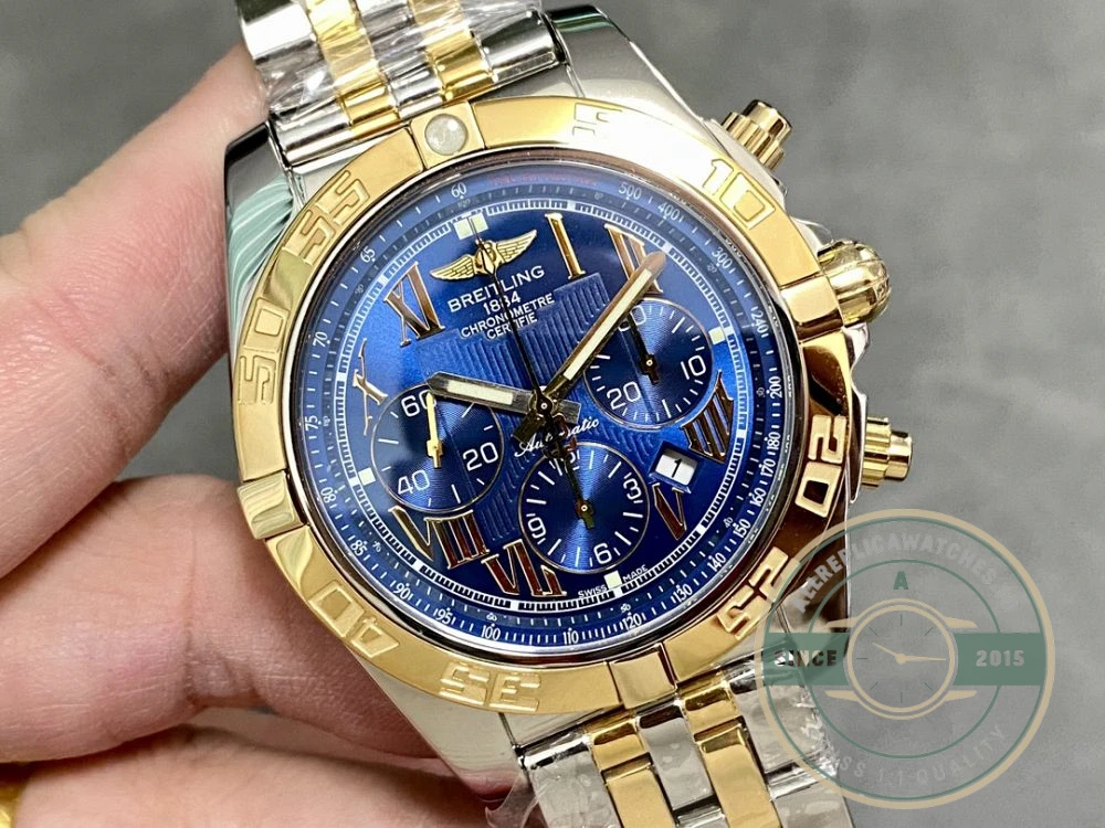 Replica Breitling Mechanical Chronograph Series Stainless Steel and Rose Gold Case-Metallic Blue Dial-Gold Pilot Bracelet 44mm - Budget Luxury Replica Watch