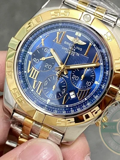 Replica Breitling Mechanical Chronograph Series Stainless Steel and Rose Gold Case-Metallic Blue Dial-Gold Pilot Bracelet 44mm - Affordable Super Clone Watch