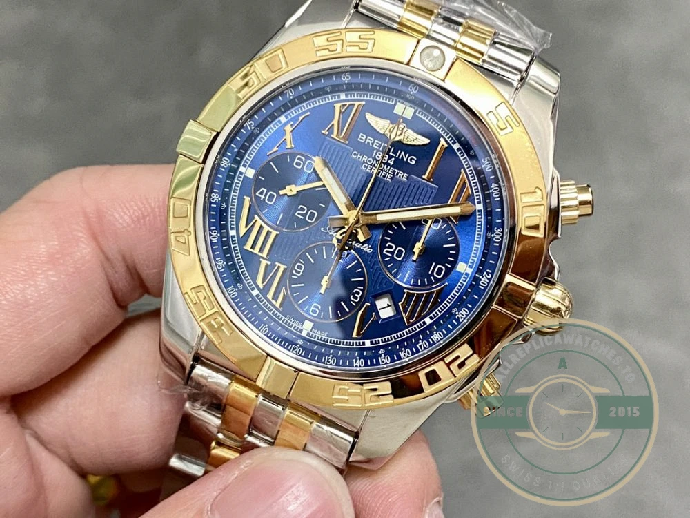 Replica Breitling Mechanical Chronograph Series Stainless Steel and Rose Gold Case-Metallic Blue Dial-Gold Pilot Bracelet 44mm - Affordable Super Clone Watch