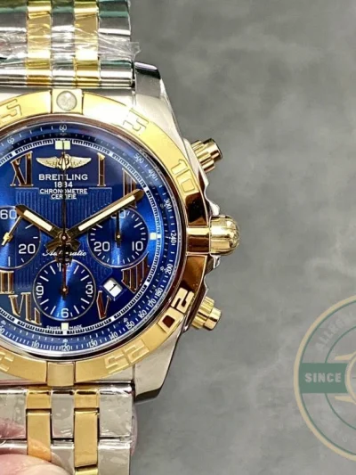 Replica Breitling Mechanical Chronograph Series Stainless Steel and Rose Gold Case-Metallic Blue Dial-Gold Pilot Bracelet 44mm - Premium Super Clone Watch