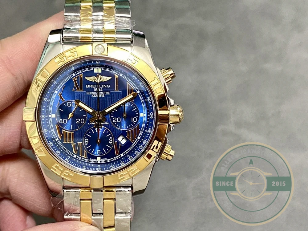 Replica Breitling Mechanical Chronograph Series Stainless Steel and Rose Gold Case-Metallic Blue Dial-Gold Pilot Bracelet 44mm - Premium Super Clone Watch