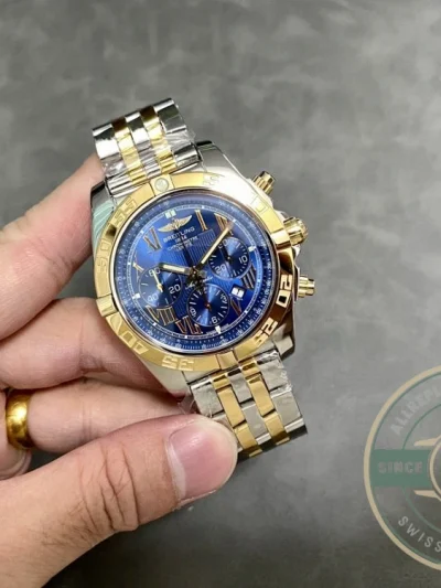 Replica Breitling Mechanical Chronograph Series Stainless Steel and Rose Gold Case-Metallic Blue Dial-Gold Pilot Bracelet 44mm - Affordable Luxury Replica Timepiece