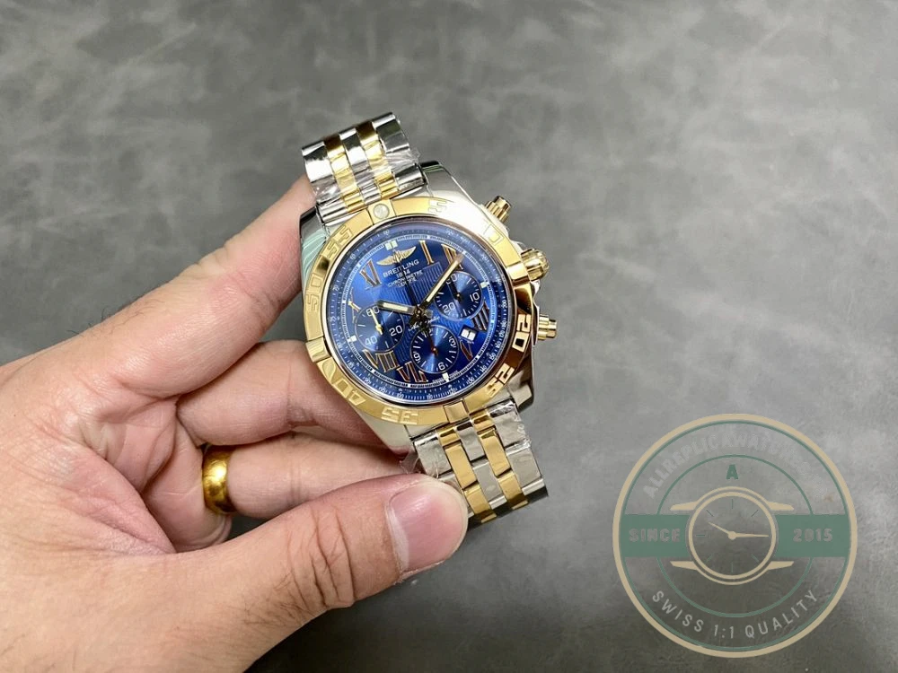 Replica Breitling Mechanical Chronograph Series Stainless Steel and Rose Gold Case-Metallic Blue Dial-Gold Pilot Bracelet 44mm - Affordable Luxury Replica Timepiece