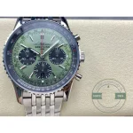 43 mm stainless steel case, crown and pump pushers of the mint green Navitimer B01 clone
