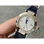 Turned on its axis so the navy strap curves away from the steel lugs