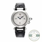 Steel Pasha WGPA0007 from Cartier, silvered guilloche dial on black alligator