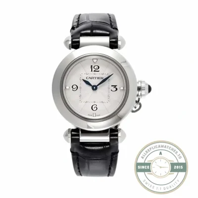 Steel Pasha WGPA0007 from Cartier, silvered guilloche dial on black alligator