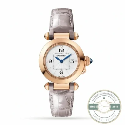 Rose gold Pasha de Cartier WGPA0018 shown on a pale taupe alligator band
