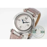 Blued hands cross the printed numerals on a dial tipped toward the lens