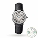 Cartier Ronde WSRN0019 in steel, Roman numeral dial on a black grained strap