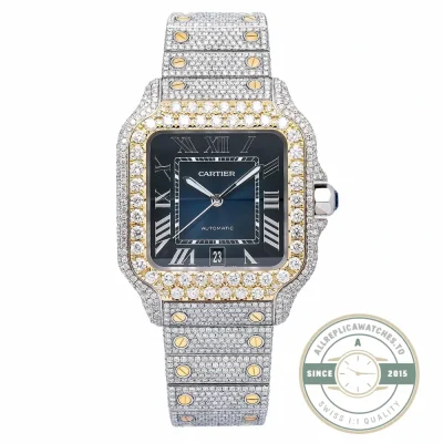 Replica Cartier Santos W4SA0006 in pave with a yellow gold bezel and blue dial