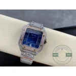 Blue dial reading deep navy inside its rose gold pave bezel, cushion-mounted
